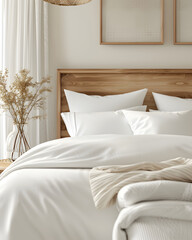 Room with a white polyester sheet on a bed with two pillows, with a wooden headboard. 3d render.