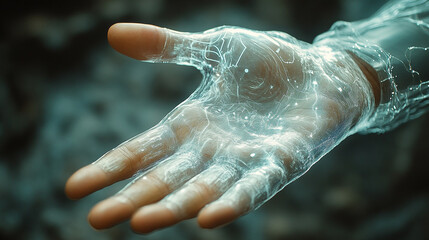 person's hand reaches out towards a vibrant virtual landscape, symbolizing the exploration of the Metaverse and the connection between reality and digital experiences in an immersive world