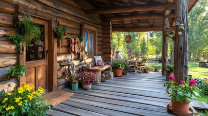Rustic Log Cabin Porch with Flower Pots and Wooden Details