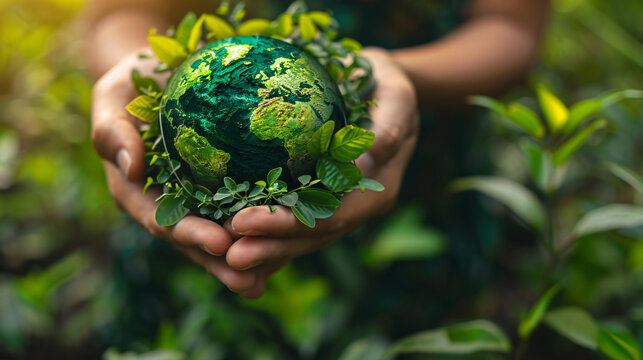 Conceptual image of hands cradling a globe with various recycling symbols, promoting sustainability and environmental responsibility