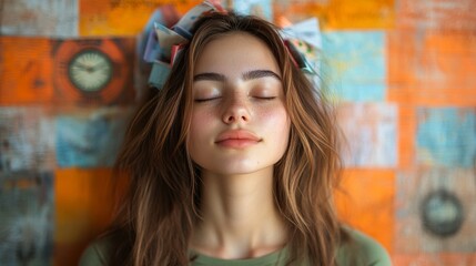 Fototapeta premium Young woman with colorful hair clips against a wall with orange and blue squares.
