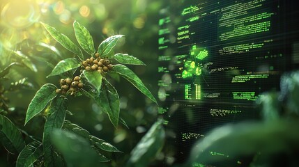 A vibrant plant against a digital backdrop, merging nature's beauty with technology, symbolizing innovation and sustainable growth.