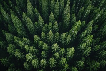 Serene forest scene with densely packed trees featuring mix of green, brown foliage. High-angle aerial view provides bird-eye perspective of forest, surroundings. Distant trees meet foreground trees