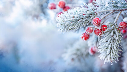 Frosted pine branch and vibrant red berries. Winter season. Holiday greeting card. Close-up.