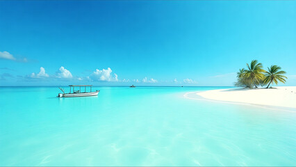 Boat is floating in the ocean near a beach