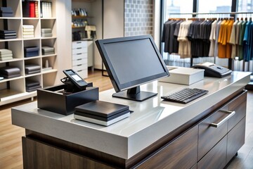 Naklejka premium Aerial View of a Black Cash Register with Blank Computer Monitor for Retail and Business Contexts