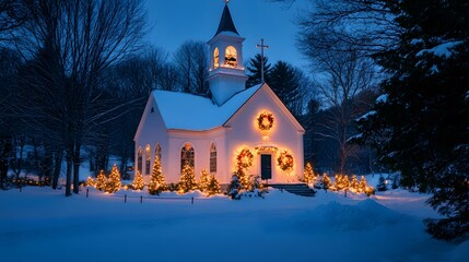 A Church Adorned with Christmas Lights and Wreaths on a Snowy Night