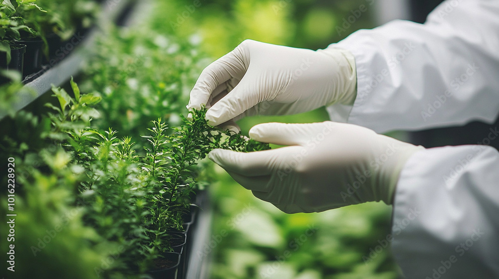 Canvas Prints scientist's gloved hand gently touches vibrant moss and a tree trunk, symbolizing the connection between research and nature, highlighting the importance of environmental conservation