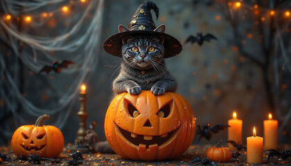 Obraz premium A cat wearing a black hat sits on top of a pumpkin