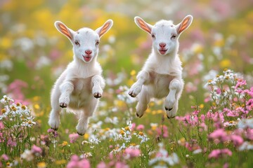Obraz premium Baby Goats Playing in Field with Flowers. Joyful farm animals running and jumping in springtime