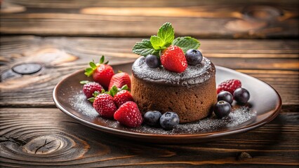 A chocolate cake with a dusting of powdered sugar, topped with fresh fruit and mint, resting on a rustic wooden surface.