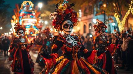Fototapeta premium A woman in a Day of the Dead costume walks in a parade.