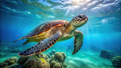 Obraz premium Green Sea Turtle swimming gracefully at the bottom of the sea