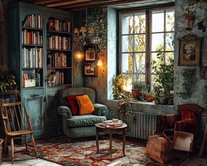 Fototapeta premium Cozy interior with vintage elements and furniture