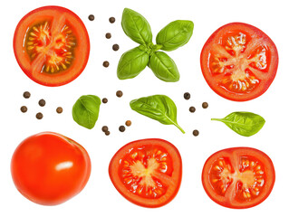 Frische Tomatenscheiben mit Basilikum und Pfefferkörnern für kulinarische Kunstwerke