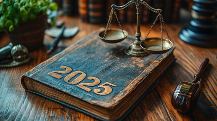 Legal documents with scales of justice symbolizing the year 2025 on a wooden table