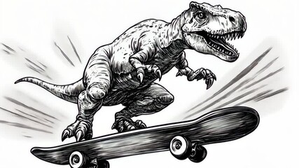 A black and white illustration of a Tyrannosaurus Rex skateboarding, with a motion blur behind it - Powered by Adobe