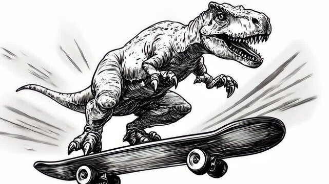 A black and white illustration of a Tyrannosaurus Rex skateboarding, with a motion blur behind it