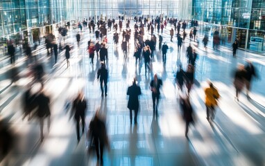 Long exposure shot of crowd of business people walking in bright office lobby fast moving with lot of blurry people, blue corporate background