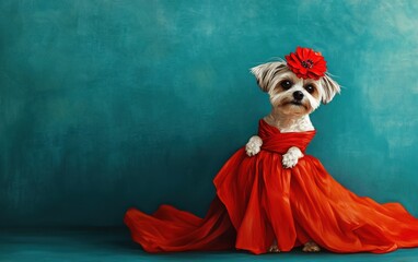 Fototapeta premium A stylish dog standing proudly in a long, bright red dress, adorned with a red flower on her head. This elegant and playful scene is perfect 