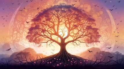 World Religion Day. big tree representing the union and growth around the different religions of the world, with unity and respect.