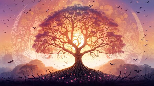 World Religion Day. big tree representing the union and growth around the different religions of the world, with unity and respect.