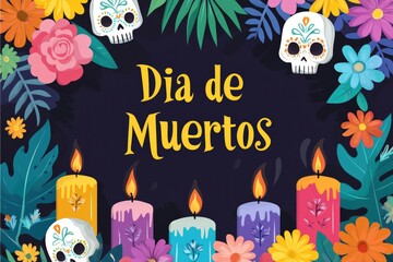 Fototapeta premium Sugar skull with bright flowers on black background and text dia de muerto written in yellow bold letters Design element for invitation, magazine cover, print social media post