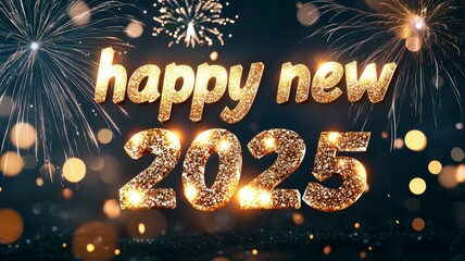 Celebrate the arrival of 2025 with sparkling fireworks and festive golden text wishing everyone a happy New Year in a vibrant night sky