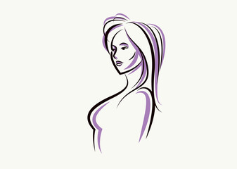 Beauty young woman face vector illustration, logo look like drawing for cosmetology or skincare or cosmetics brand, classic style emblem.