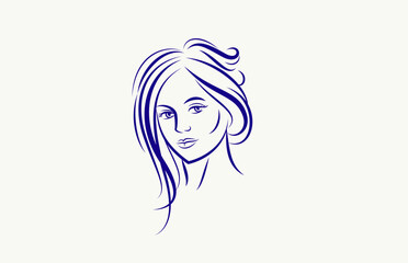 Beauty young woman face vector illustration, logo look like drawing for cosmetology or skincare or cosmetics brand, classic style emblem.