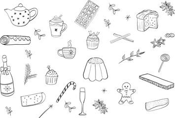 Hand-Drawn Christmas Doodle Set. Festive Black and White Holiday Illustrations