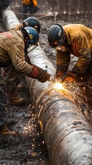 Welders are cutting and joining large pipes while sparks fly in a construction site