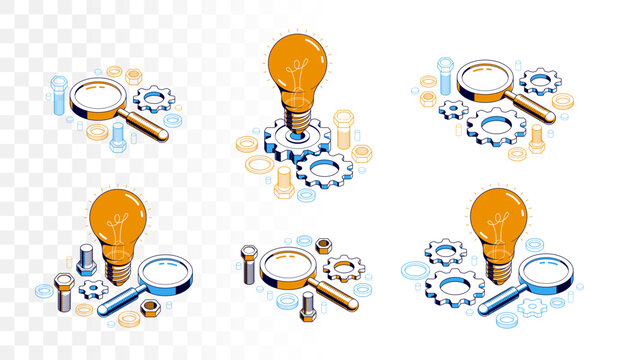 Engineering idea concept set, innovation, invention and solution concept, light bulb vector 3D isometric illustration, mechanical engine works.
