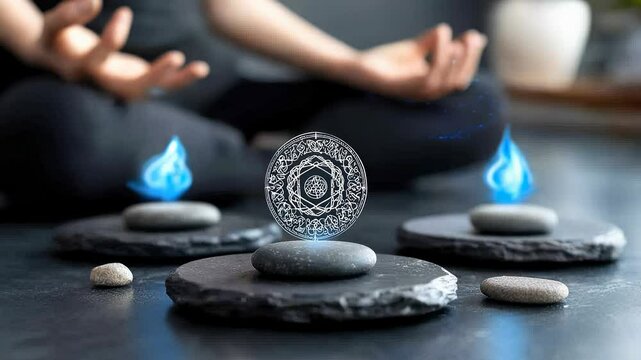 Balanced energy path: meditative practice of chakra visualization , enhancing inner peace, concentration by focusing on alignment of energy centers for emotional, spiritual harmony.