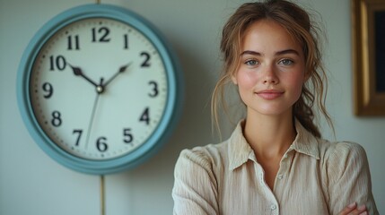 A confident businesswoman beside a vibrant alarm clock, perfect for Day of the Dead (Dia De Los Muertos) event promotions, emphasizing time management in celebrations.