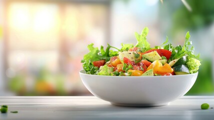 Fresh garden salad with vibrant vegetables in a bright, airy kitchen setting during the afternoon