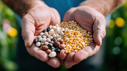 A pair of hands is cupped gently to display a variety of seeds, representing potential for growth and the nurturing aspect of human-plant relationships.