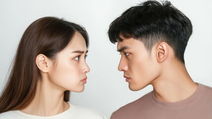 A tense stare-off between a young couple highlighting emotional conflict in a neutral setting