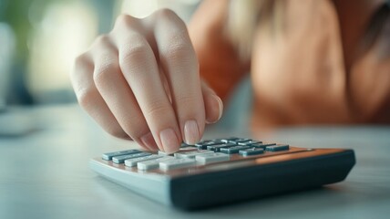 A person using a calculator for financial calculations in a modern office setting during daytime