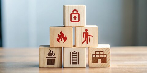 Fire Prevention Safety Measures with Silhouette of Emergency Symbols and Fire Extinguisher