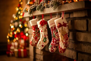 Christmas stockings hanging above the fireplace.