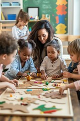 Diverse group of kids play with didactic materials in Montessori classroom. Table filled with colorful toys, art supplies, creative activities. Children engage in interactive lesson with teacher,