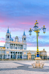 Facade and exterior architecture in the Almudena Cathedral, Madrid, Spain