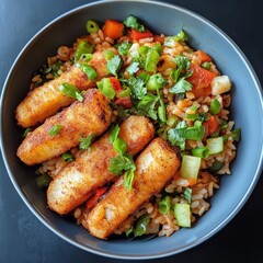 Fototapeta premium A savory dish featuring crispy golden rice croquettes served on a bed of colorful mixed vegetables, garnished with fresh herbs.