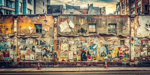 Grunge Urban Wall with Torn Posters and Vintage Billboard for Advertising Exploration