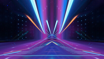 Abstract neon background with rays and spotlights.