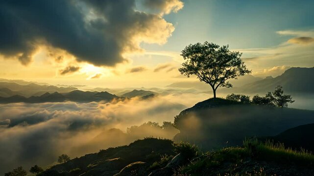 A lone tree stands on a mountaintop, overlooking a sea of clouds at sunrise