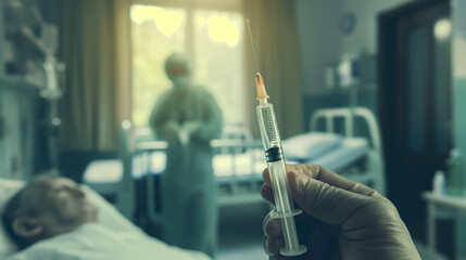 Doctor Administering Plasma Therapy to Patient in Hospital Room with Syringe On Bed.