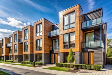 Modern row houses with wooden facades and large windows in daylight reflected