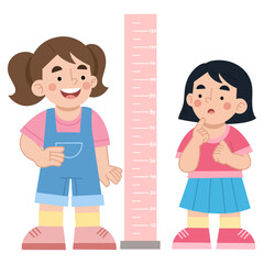 Vector illustration of girls measuring height